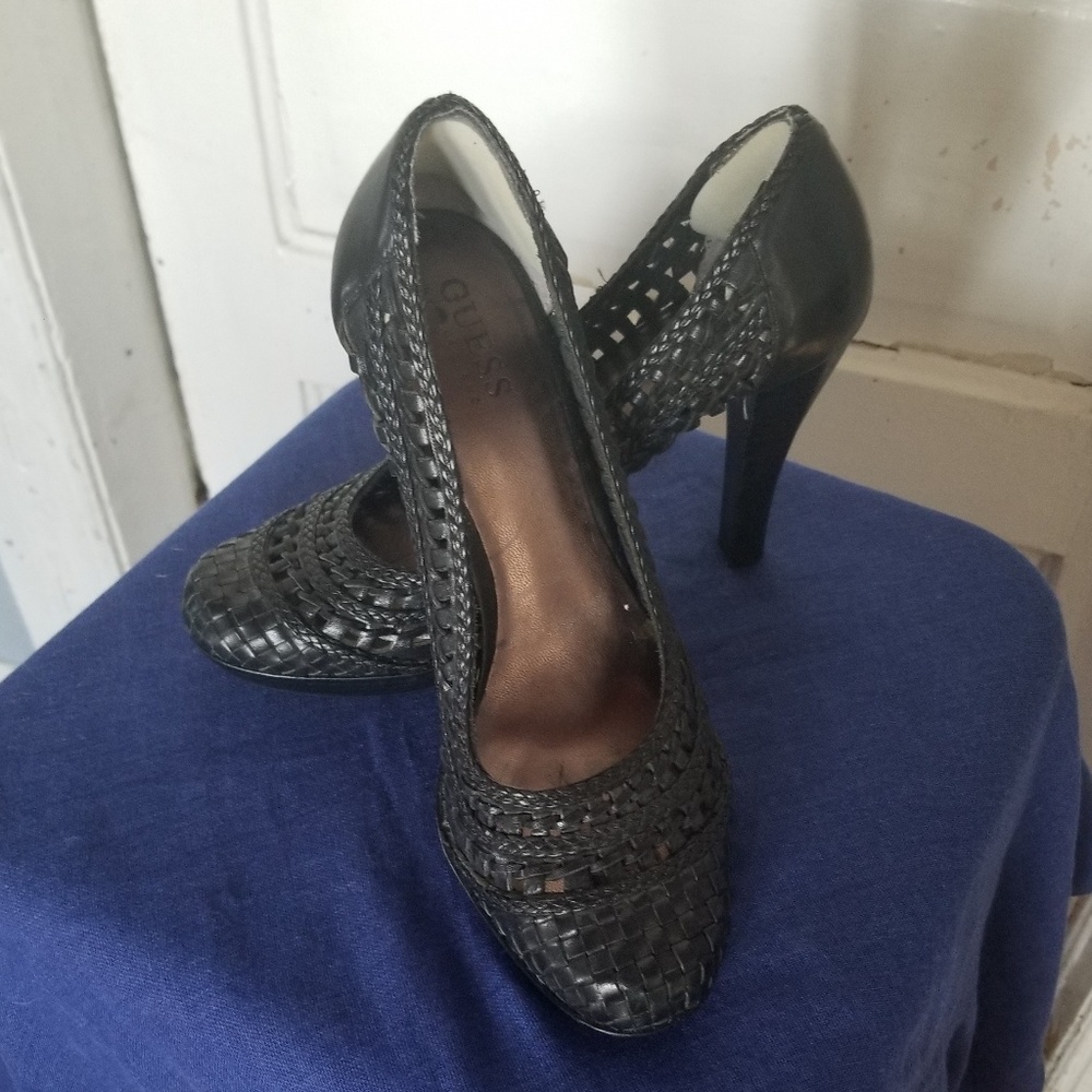Black Woven Stack Heel Platform Heels by Guess